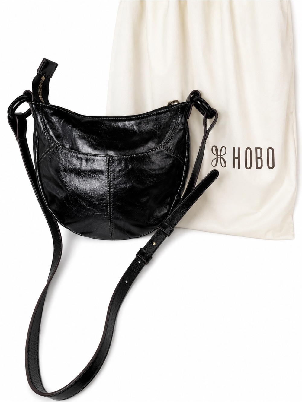 HOBO SHEILA SCOOP CROSSBODY Patent Leather Crescent Crossbody Bag + Dust Nag